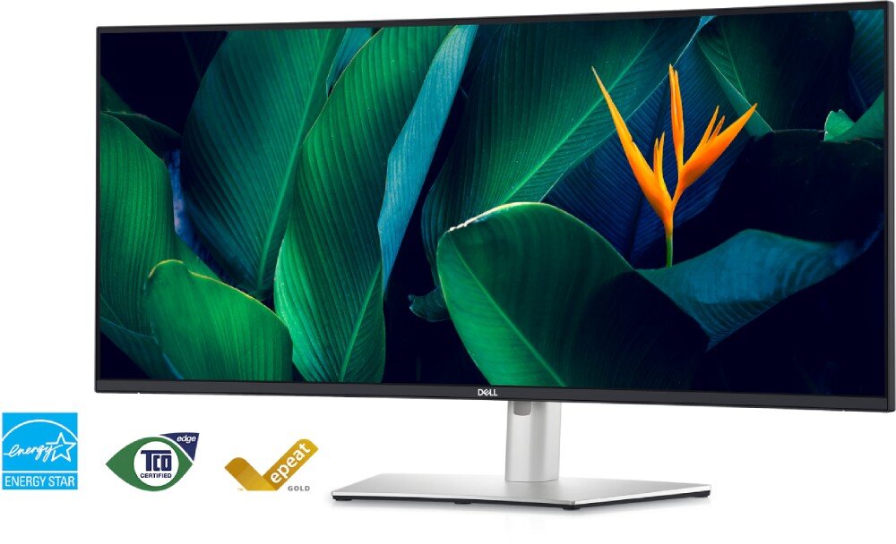 Monitor DELL UltraSharp U3824DW Zakrzywiony monitor z cienkimi ramkami na srebrnej podstawie. Na ekranie widoczna jest roślinna grafika z zielonymi liśćmi i pomarańczowym kwiatem. W rogu obrazu umieszczone są certyfikaty ekologiczne, ekologia, środowisko, recykling