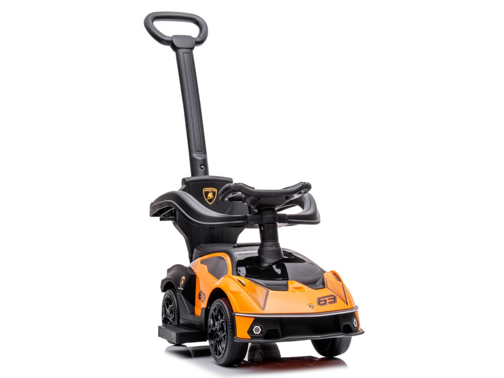 Jeździk SUN BABY Lamborghini Essenza SCV12 Pomarańczowy wymiary dlugosc 79 cm z pchaczem bez pchacza 66 szerokosc z obejma 35 cm bez obejmy 28cm wysokosc pchacza 90 cm szerokosc podparcia dla stop 40 cm dla dzieci w wieku od 12 miesiaca zycia
