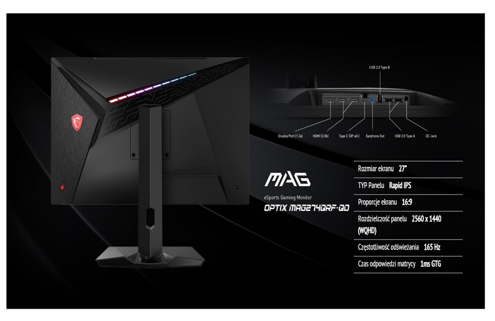 Monitor MSI Optix MAG274QRF QD wysoka jakość obrazu matowa matryca podświetlana w technologii LED energooszczędność