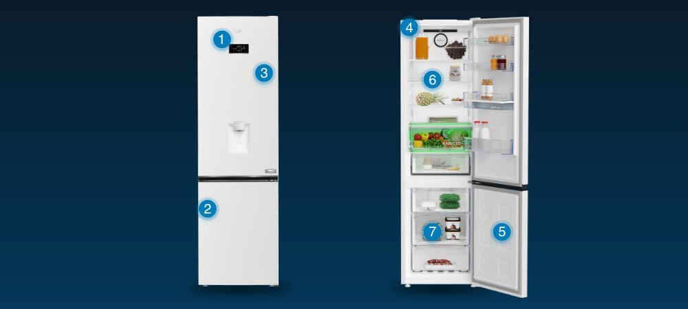 LODÓWKA BEKO B3RCNA404HDW wizualizacja pukty wyróżniki Wyświetlacz elektroniczny Minimalistyczny design wygląd platynowy Oświetlenie Led szuflady mrożenie półka na wino napoje