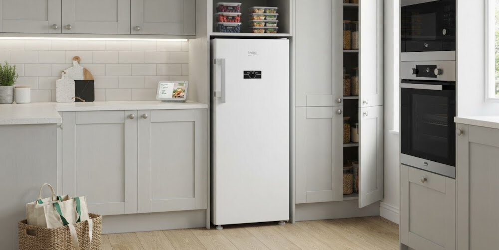 ZAMRAŻARKA BEKO B5RFNE274W Wolnostojąca zamrażarka ustawiona w kuchni. Biała obudowa harmonijnie komponuje się z jasną zabudową meblową
