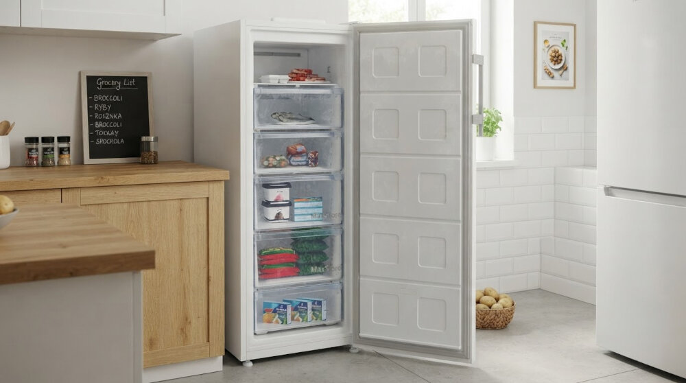 ZAMRAŻARKA BEKO B5RFNE274W Otwarta zamrażarka z wysuwanymi szufladami wypełnionymi mrożoną żywnością. Przezroczyste fronty ułatwiają podgląd zawartości 220 l 5 szuflad pojemna zamrażarka organizacja żywności