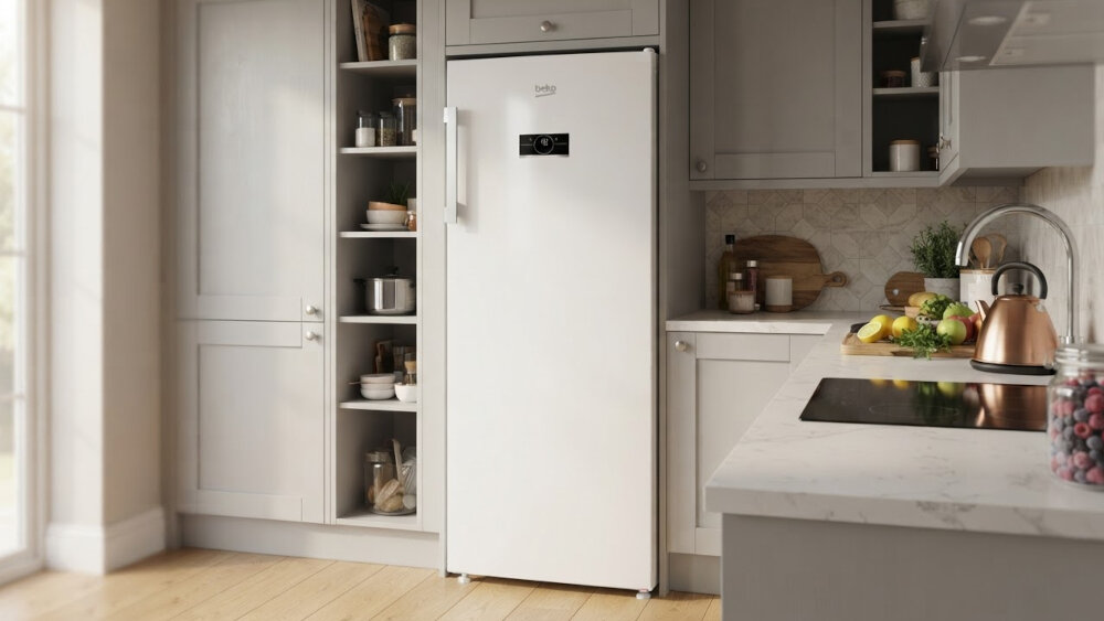 ZAMRAŻARKA BEKO B5RFNE274W Wolnostojąca zamrażarka Beko ustawiona w jasnej kuchni. Smukła konstrukcja i biały front harmonijnie komponują się z zabudową meblową oraz blatem roboczym SmoothFit 90 stopni narożnik pełny dostęp szuflady