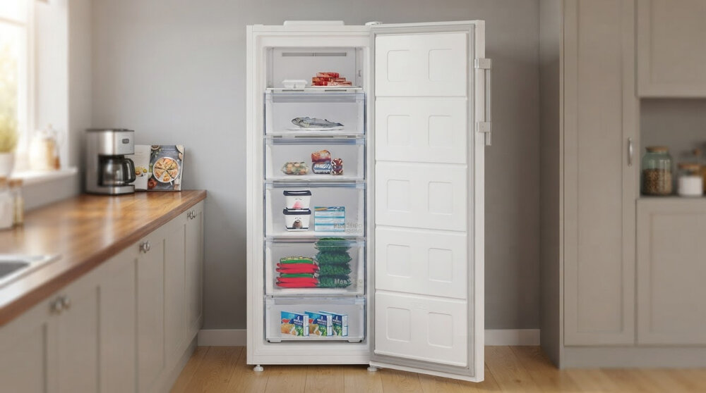 ZAMRAŻARKA BEKO B5RFNE274W Otwarta zamrażarka z pojemnymi szufladami wypełnionymi mrożoną żywnością. Przezroczyste fronty ułatwiają szybki podgląd zawartości zmiana kierunku drzwi elastyczny montaż wygodna kuchnia