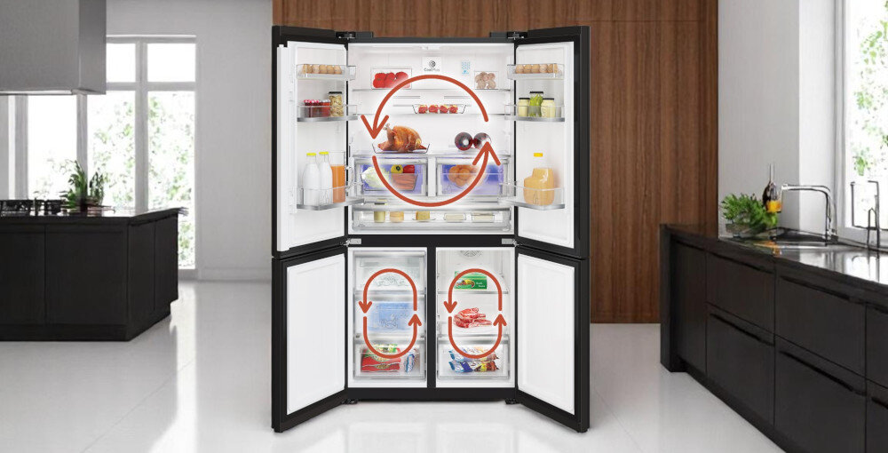 LODÓWKA GRUNDIG GQN21245GBN zdjęcie lifestyle wizualizacja kuchnia lifestyle drewniane elementy kierunki rozprowadzania powietrza lodówka front otwarta czerwone strzałki Technologia Duo-Cooling No Frost dłuższa świeżość zapobiega powstawaniu szronu bez przenikania zapachów
