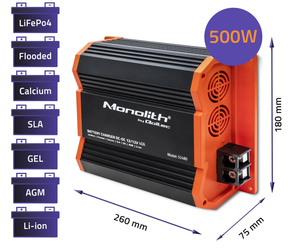 Inteligentna ładowarka QOLTEC Monolith 52480 do akumulatorów LIFEPO4 AGM GEL 12V-12V 40A 500W, wszechstronność, obsługuje, różne, warsztat, na białym tle akumulator oraz wizualizacja wymiarów oraz typów obsługujących akumulatorów