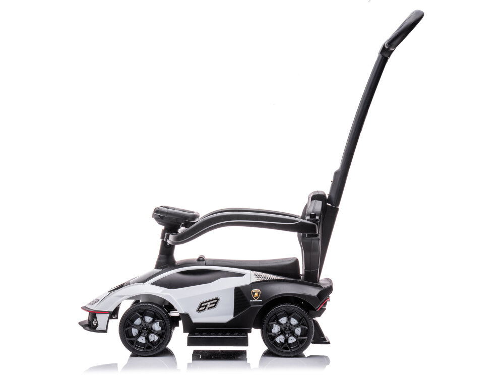Jeździk SUN BABY Lamborghini Essenza SCV12 Biały wymiary dlugosc 79 cm z pchaczem bez pchacza 66 szerokosc z obejma 35 cm bez obejmy 28cm wysokosc pchacza 90 cm szerokosc podparcia dla stop 40 cm dla dzieci w wieku od 12 miesiaca zycia