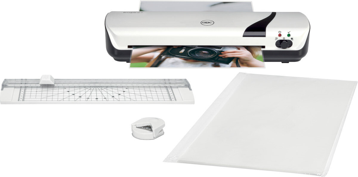 Laminator GBC Inspire+ A4 Biały (Zestaw 4w1 z trymerem) zestaw zawartość opakowanie akcesoria