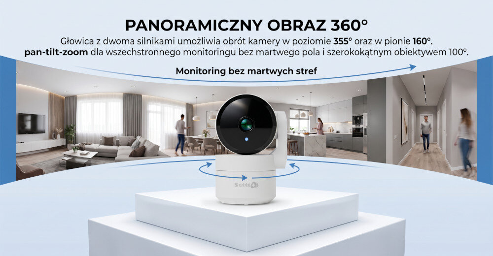Na ścianie zamontowana jest biała kamera o okrągłym kształcie. Obok widoczna jest część białej framugi drzwi.