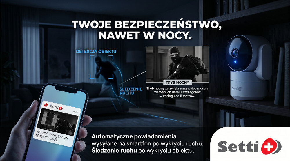 Na obrazie widać czarną półkę z książkami, lampą i rośliną w doniczce, na której stoi kamera. Obok półki znajduje się zamknięte drzwi, a przed nimi przechodzi rozmyta postać.