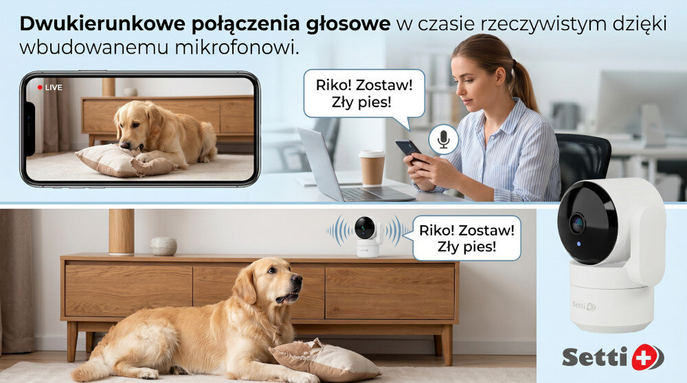 Osoba trzyma białą kamerę i podłącza do niej kabel USB. Kamera ma okrągły głośnik na górze i port USB na boku.