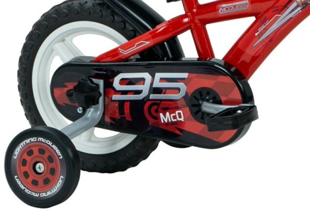 Rower dzieciecy HUFFY Disney Auta 12 cali dla chłopca Czerwony 12-calowe kola dla dzieci w wieku od 2 do 3 lat lancuch stylowa oslona regularne sprawdzanie ciśnienia powietrza zalecana wartość na bocznej części opony