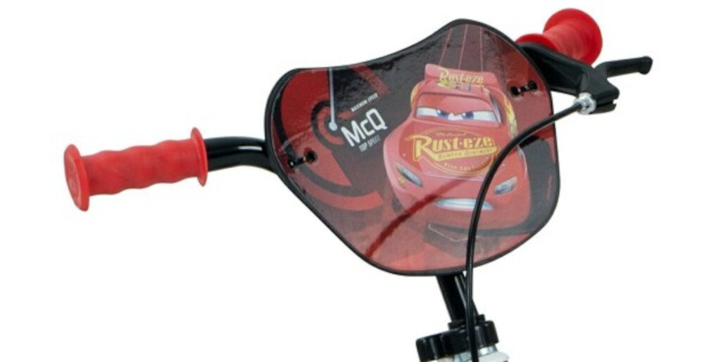 Rower dzieciecy HUFFY Disney Auta 12 cali dla chłopca Czerwony ukryty kierownicy pokryte antyposlizgowym materialem kolorowa oslona kierownicy z wizerunkiem Zygzaka McQueena