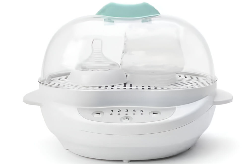 Steamer NUTRIBULLET BSR08N urządzenie przyciski pokrywka elementy butelki smoczek w środku białe tło łatwe dbanie o higienę wszystkie elementy można myć w zmywarce oszczędność czasu i wysiłku tacka pojemnik do zmywarki zajmuje niewiele miejsca wygodne bezproblemowe przechowywanie w małych kuchniach maksymalna funkcjonalność