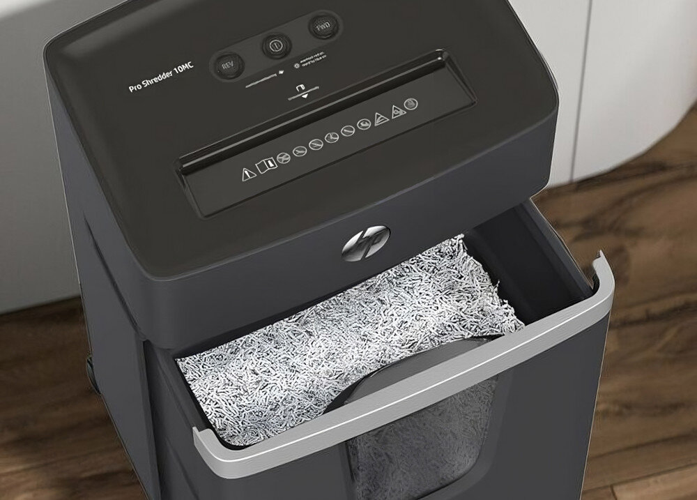 Niszczarka HP Pro Shredder 10MC pojemnik pojemność okienko podgląd