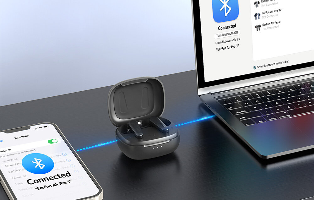 Słuchawki dokanałowe EARFUN Air Pro 3 dwa urzadzenia stabilnosc bluetooth zaklocenia modul