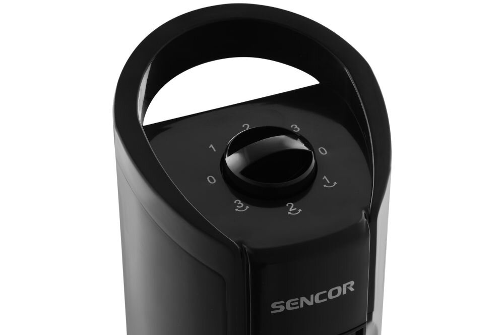 Wentylator kolumnowy SENCOR SFT 3108BK trzy poziomy mocy wybór optymalnej prędkości funkcja automatycznej poziomej oscylacji równomierne rozprowadzenie powietrza stabilna podstawa bezpieczeństwo pewne ustawienie stylowy czarny kolor elegancja