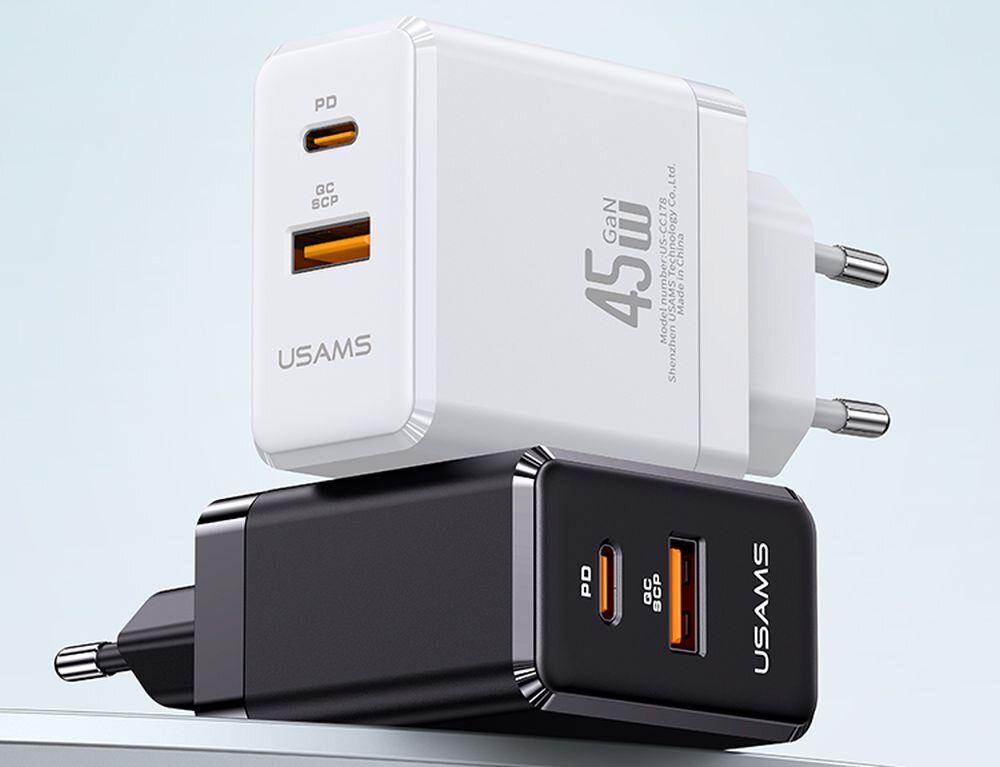 Ładowarka sieciowa USAMS US-CC178 GaN 45 W ladowarka w kolorze czarnym i bialym, kompakt, moc, ladowanie, niezawonosc