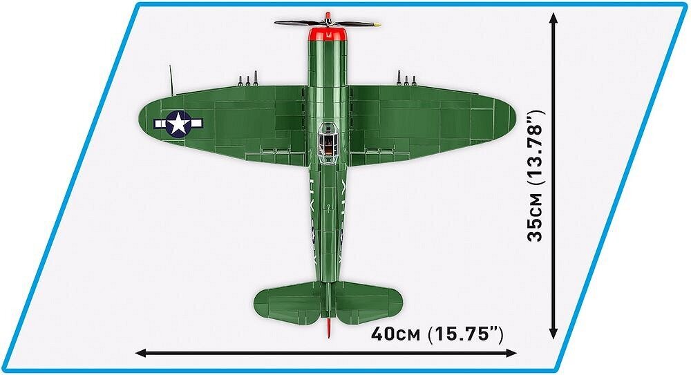 Klocki plastikowe COBI Historical Collection World War II P-47 Thunderbolt COBI-5737 ruchome elementy obrotowe koła z gumowymi oponami, ruchome śmigło i lotki klockowa podstawka ekspozycyjna oraz klocek z nadrukowaną nazwą modelu