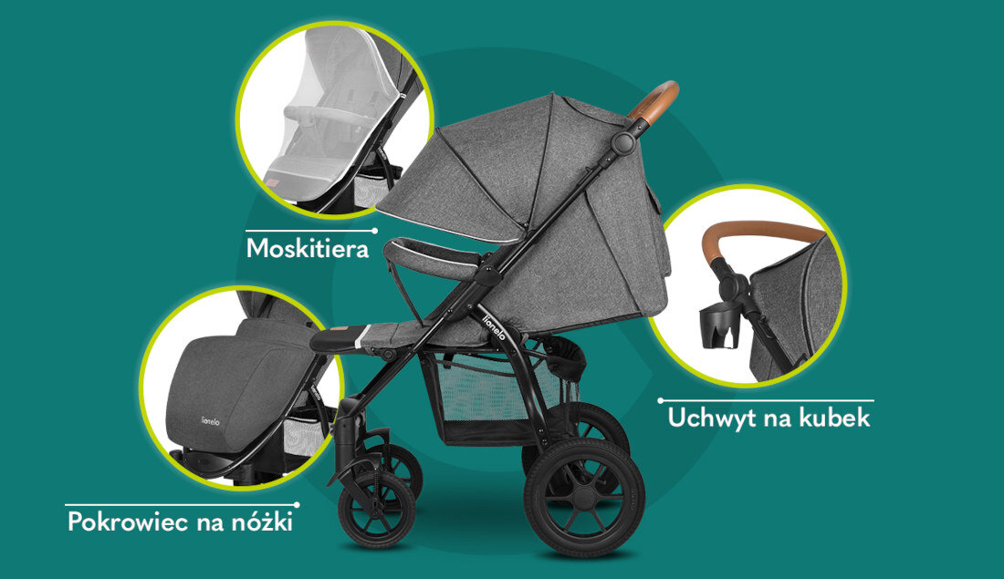 Wózek dziecięcy LIONELO Annet Tour Czarno-szary Moskitiera Praktyczny uchwyt Pokrowiec na nóżki akcesoria