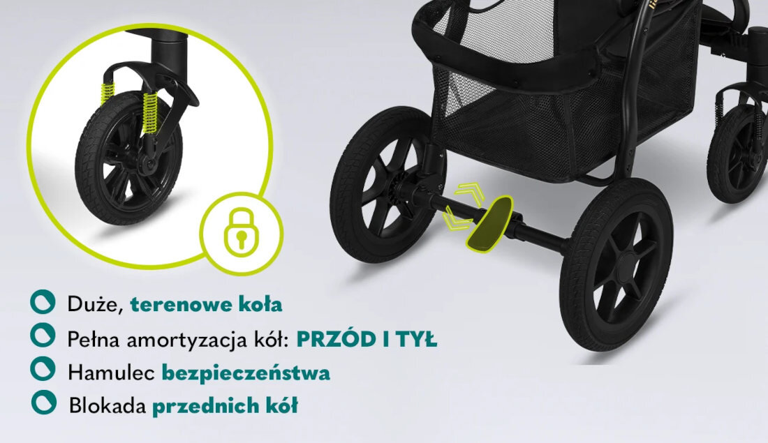 Wózek dziecięcy LIONELO Annet Tour Green Turquoise Zielony duże terenowe koła Pełna amortyzacja Hamulec bezpieczeństwa blokada przednich kół
