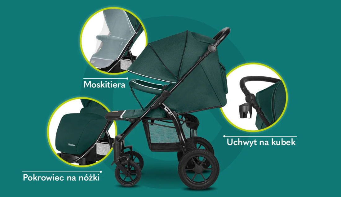 Wózek dziecięcy LIONELO Annet Tour Green Turquoise Zielony Moskitiera Praktyczny uchwyt Pokrowiec na nóżki akcesoria