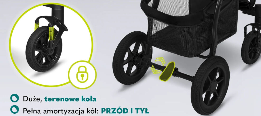 Wózek dziecięcy LIONELO Annet Tour Lovin Czarny amortyzacja koła pianka EVA 360 stopni manewrowanie przeszkody blokada redukcja wstrząsy