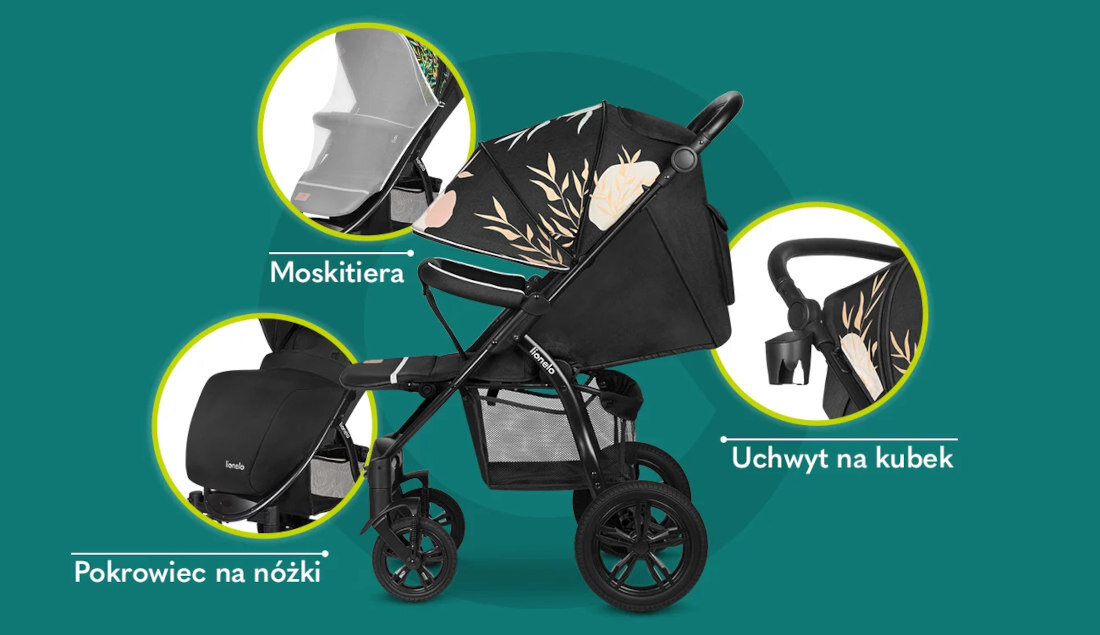 Wózek dziecięcy LIONELO Annet Tour Lovin Czarny dodatki Moskitiera pokrowiec ochrona dodatek element uchwyt butelka spacer