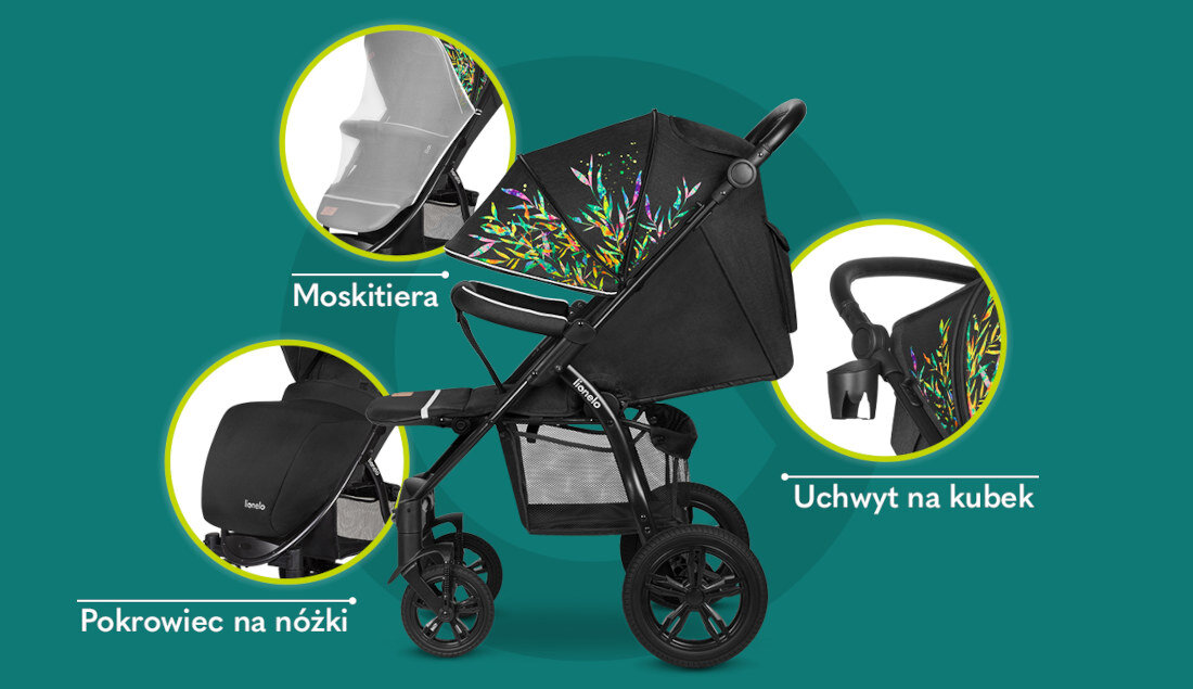 Wózek dziecięcy LIONELO Annet Tour Dreamin Czarny ze wzorem Moskitiera Praktyczny uchwyt Pokrowiec na nóżki akcesoria