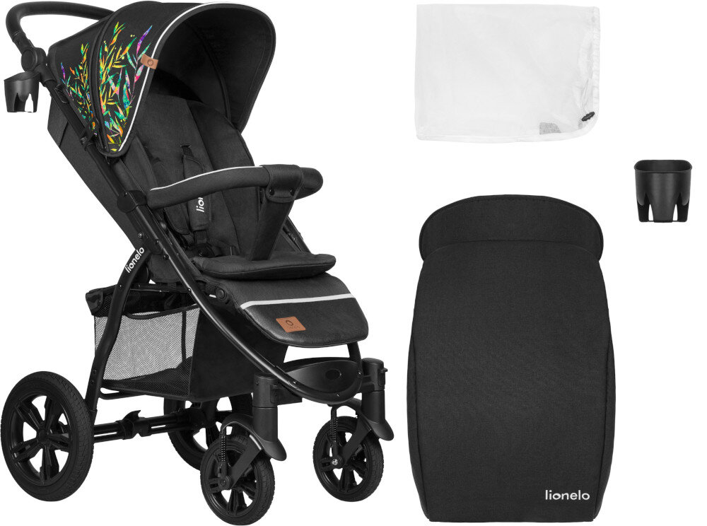 Wózek dziecięcy LIONELO Annet Tour Dreamin Czarny ze wzorem zestaw akcesoria komplet wyposazenie