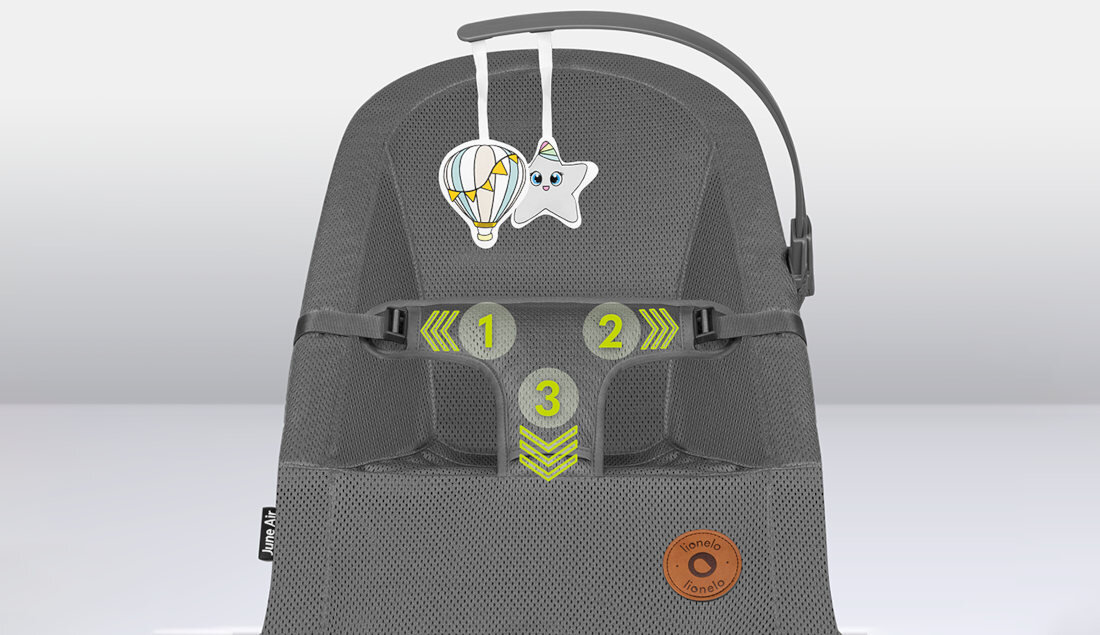 Szary bujaczek z dwoma zawieszkami w kształcie balonu i gwiazdki. Na bujaczku widoczne są oznaczenia z cyframi 1, 2, 3 oraz logo \'lionelo\'.