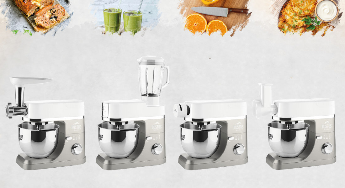 Robot kuchenny planetarny ETA Gustus Maximus IV 412890030 1200W z blenderem kielichowym estetyczny mocny funkcja PULSE wysoka moc Pojemna misa metalowe zębatki stabilizator 6-stopniowa płynna regulacja 