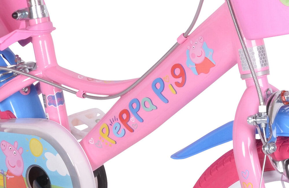Rower dziecięcy DINO BIKES Świnka Peppa 14 cali dla dziewczynki rama stalowa 9-calowa odporność na uszkodzenia mechaniczne i działanie czynników zewnętrznych dostosowana do najmłodszych geometria roweru lekki 8 kg