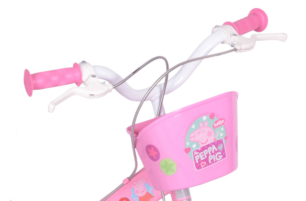 Rower dziecięcy DINO BIKES Świnka Peppa 16 cali dla dziewczynki ukryty kierownicy antyposlizgowy material dobrze wyprofilowane koszyk na drobiazgi wizerunek swinki Peppy