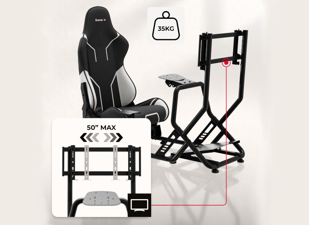 Kokpit HUZARO Speed 6.0 prezentacja możliwej szerokości monitora na kokpicie dostosowany do pracy z monitorami i telewizorami do 50 cali 35 kg dostrzeganie szczegółów