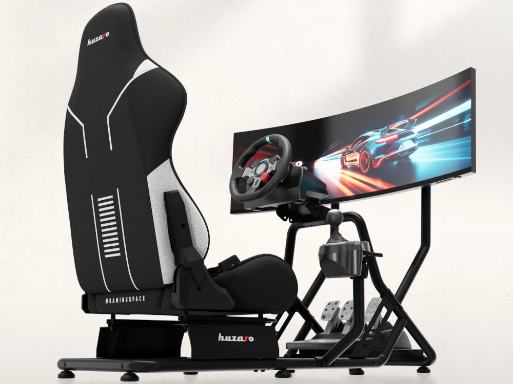 Kokpit HUZARO Speed 6.0 prezentacja kokpitu z przymocowanym monitorem płyta pod kierownicę regulowana w dwóch kierunkach podstawka pod dźwignię montaż z lewej lub prawej strony dokładność ruchów