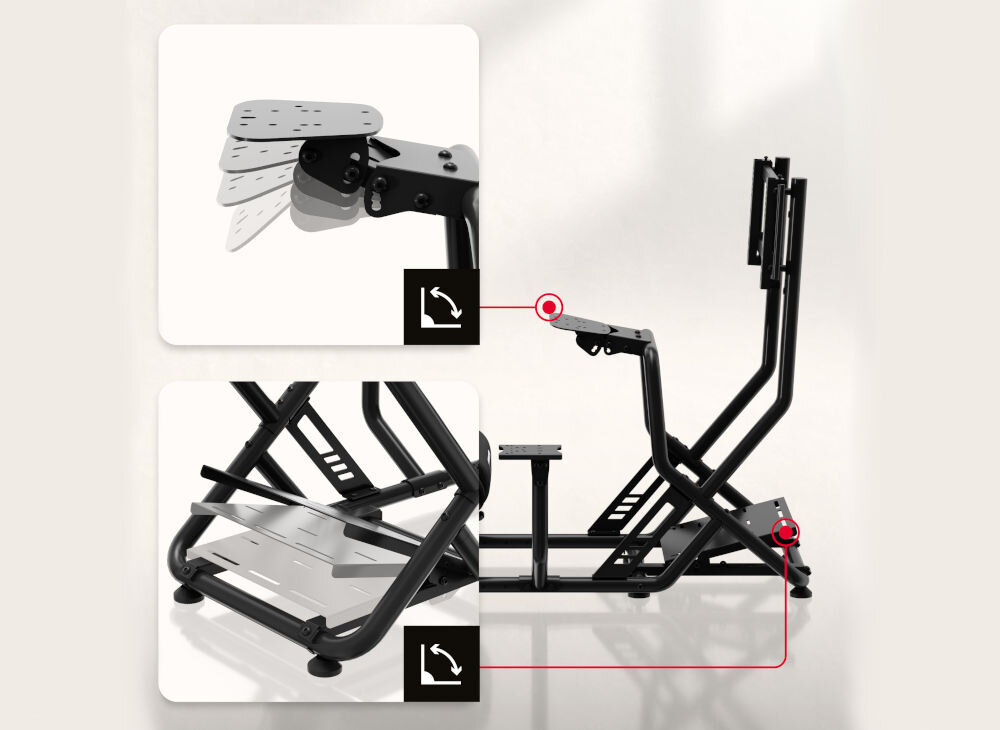 Kokpit HUZARO Speed 6.0 prezentacja możliwej regulacji płyty od pedałów i przechylania regulowana płyta pod pedały przechylenie i przesuw w osi przód-tył płynne operowanie