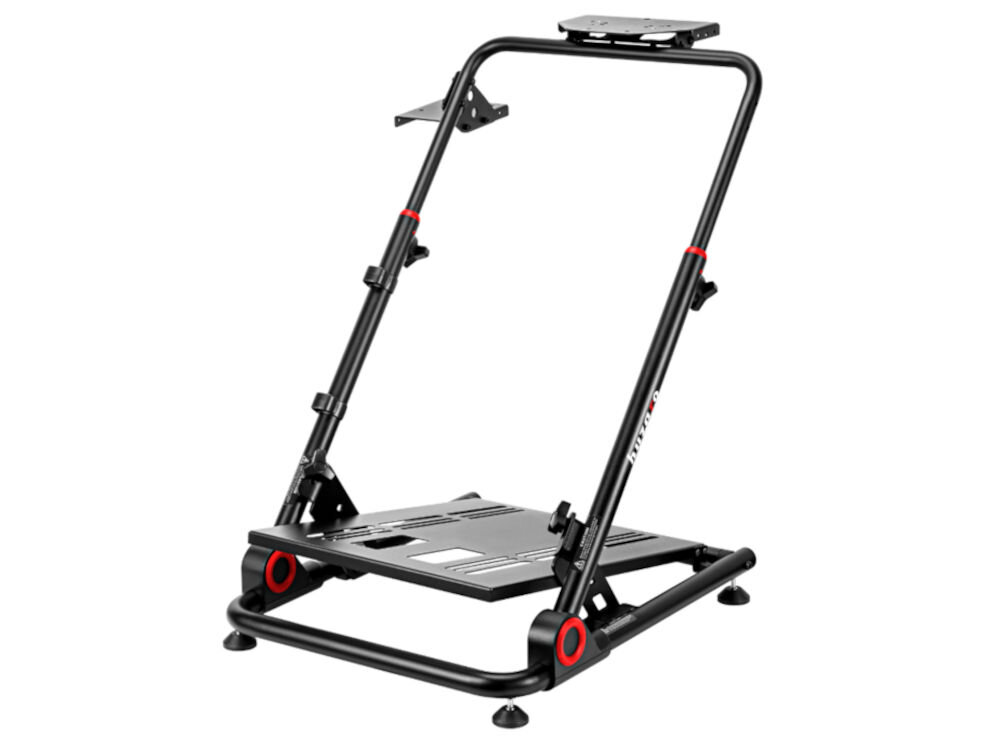 Stojak do kierownicy HUZARO Speed 3.0 prezentacja stojaka od przodu pod kątem na białym tle gracz realizm komfort pasuje do popularnych modeli kierownic m.in. Logitech Driving Force, Fanatec czy Thrustmaster regulowana płyta montażowa ustawienie kierownicy pod względem wysokości i odległości uchwyt na dźwignię zmiany biegów