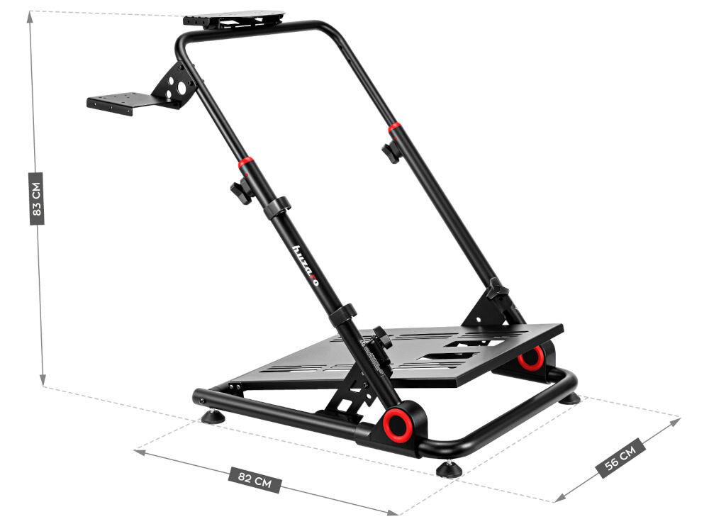 Stojak do kierownicy HUZARO Speed 3.0 prezentacja wymiarów stojaka na białym tle wysokość 83 cm szerokość 56 cm głębokość 82 cm dopasowanie do różnych konfiguracji