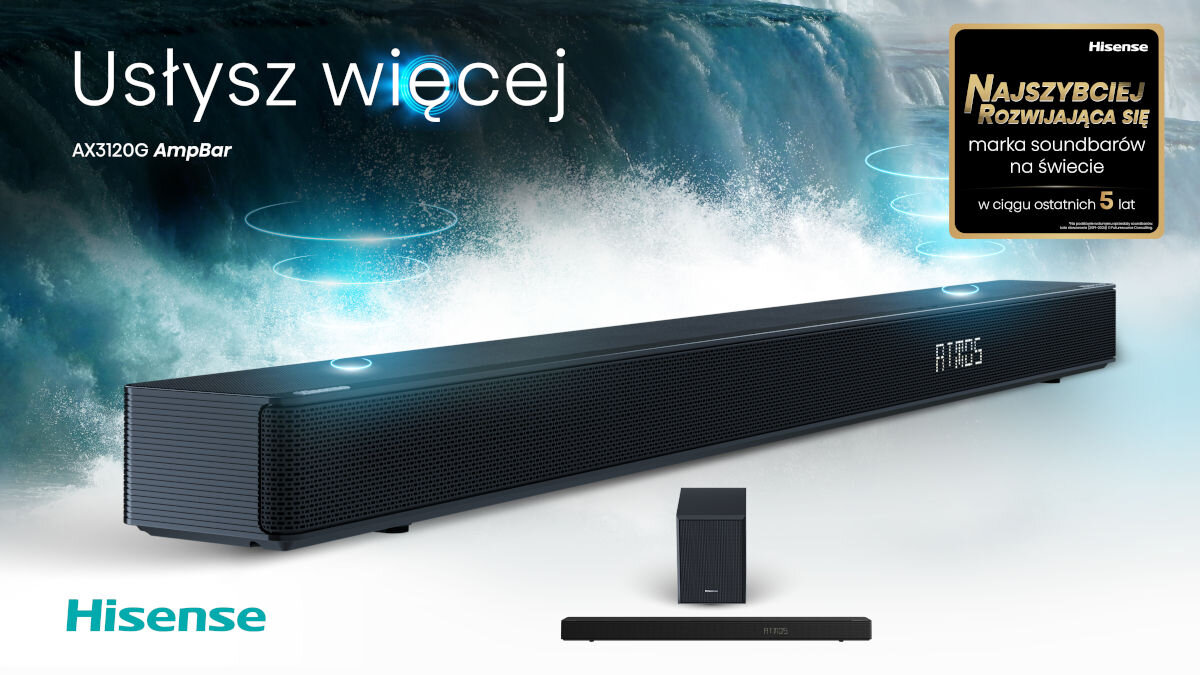 Soundbar HISENSE AX3120G - Pełnia dźwięku w Twoim domu, soundbar pod skosem, w tle wodospad