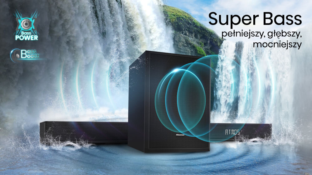 Soundbar HISENSE AX3120G - Głęboki bas, który porusza, soundbar z subwooferem na tle wodospadu