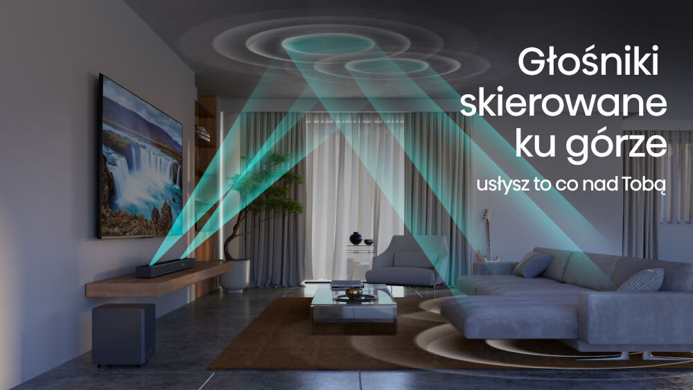 Soundbar HISENSE AX3120G - Efekty nad głową, Soundbar stojący na półce w salonie