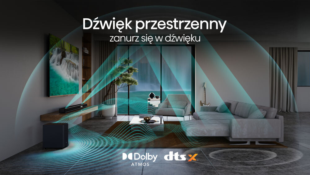 Soundbar HISENSE AX3120G - Technologie Dolby i DTS:X, Soundbar stojący na półce w salonie