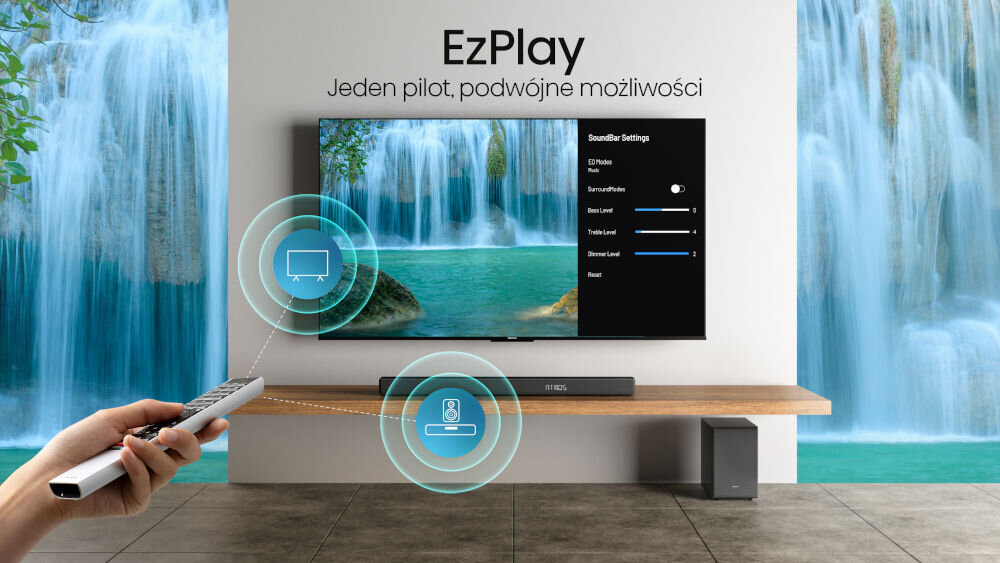 Soundbar HISENSE AX3120G - Prosta obsługa jednym pilotem, pilot skierowany w stronę telewizora i soundbara
