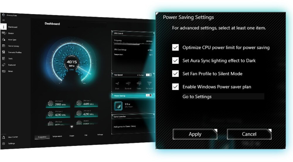 Płyta główna ASUS Prime B760 Plus Interfejs aplikacji narzędziowej wyświetlający panel sterowania z zegarami oraz wyskakujące okno z ustawieniami oszczędzania energii