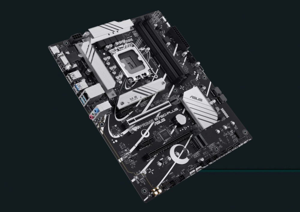 Płyta główna ASUS Prime B760 Plus Płyta główna zaprezentowana w rzucie izometrycznym na ciemnym tle ukazująca kompletny układ komponentów