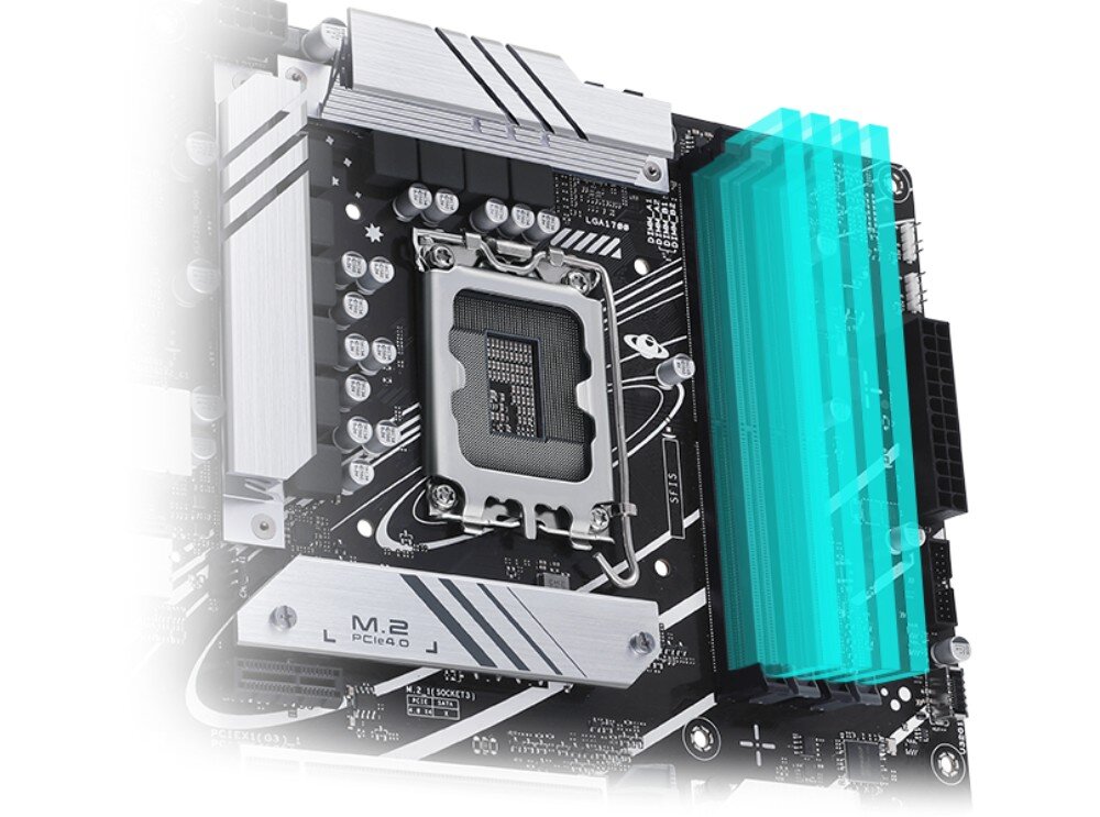 Płyta główna ASUS Prime B760 Plus Zbliżenie na gniazdo procesora i sekcję zasilania z turkusowymi blokami wyróżniającymi cztery banki pamięci RAM