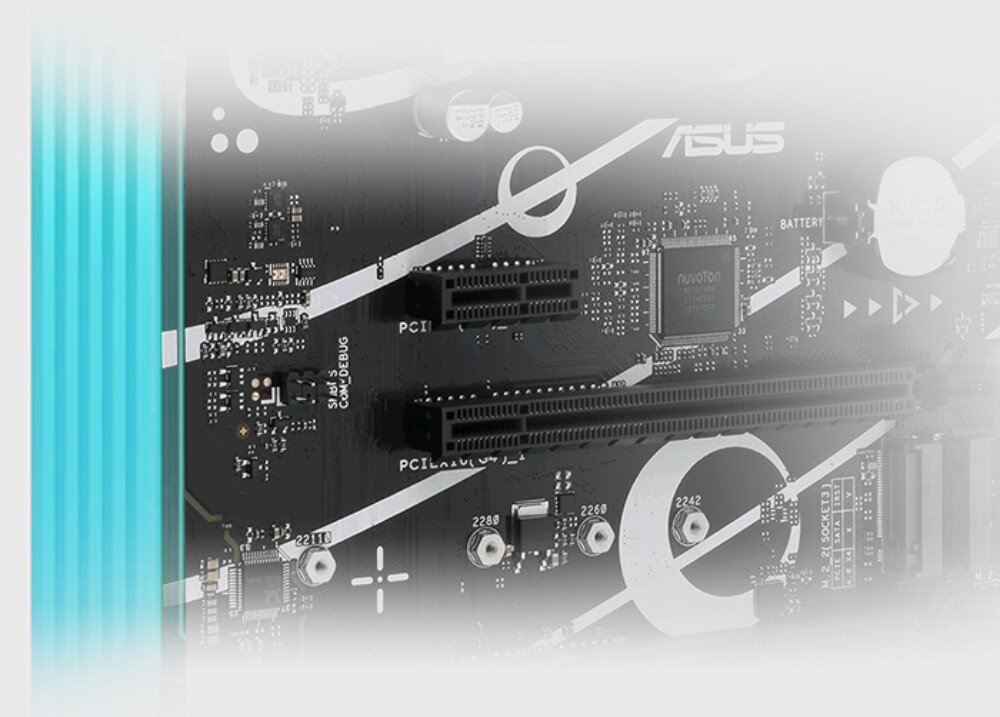 Płyta główna ASUS Prime B760 Plus Fragment czarnego laminatu płyty głównej ukazujący rozmieszczenie gniazd rozszerzeń PCIe
