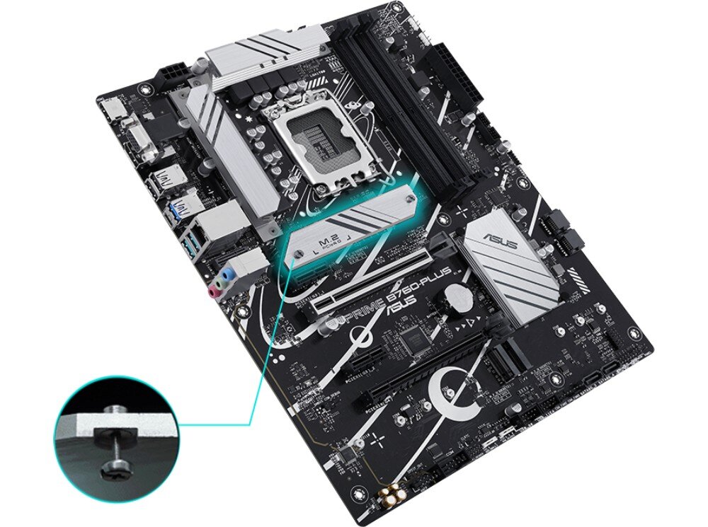 Płyta główna ASUS Prime B760 Plus Widok płyty głównej z graficznym wyróżnieniem srebrnego radiatora dysku M.2 oraz powiększeniem na śrubę montażową z zabezpieczeniem