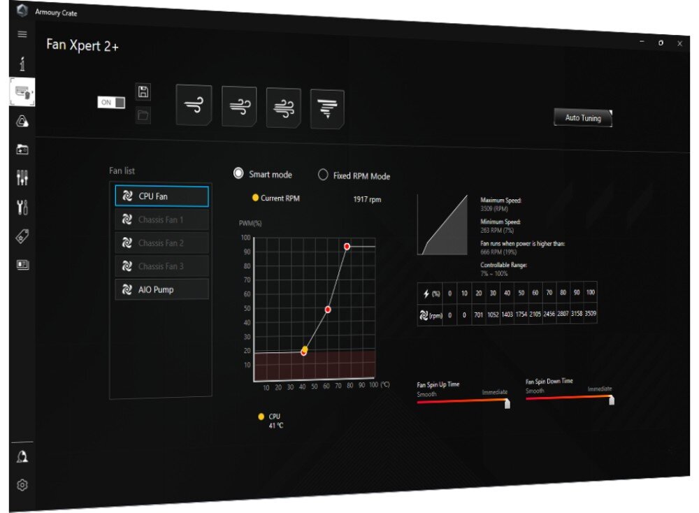 Płyta główna ASUS Prime B760 Plus Ekran oprogramowania Fan Xpert 2+ służącego do konfiguracji wentylatorów z widocznym wykresem i suwakami